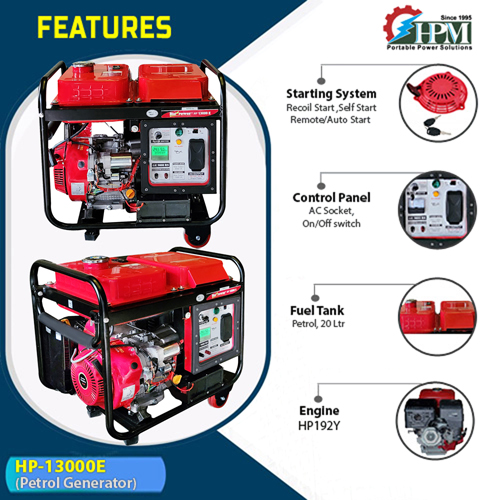 10 KVA Portable Generator, Petrol Run, WITH  Recoil, Self & Remote Start Model HP-13000E  