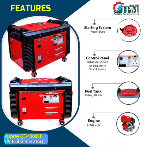 4 KVA Smart Petrol Generator with Recoil Start Model Osprey GE-4000Ri,  