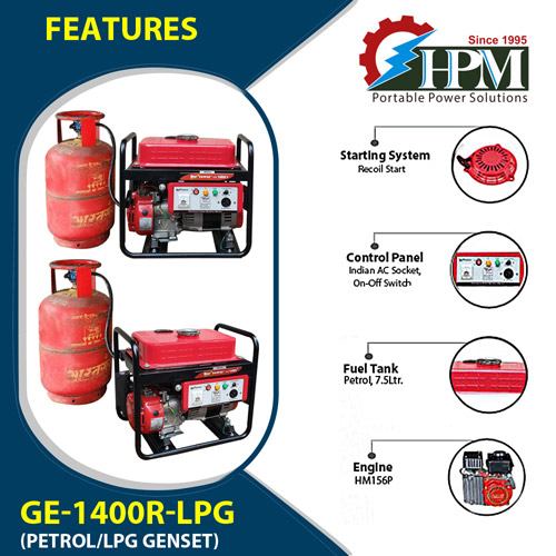 1.2 KVA LPG Generator, Petrol - LPG Run, Model GE-1400R-LPG