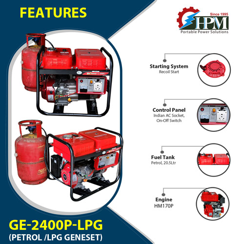 2.1 KVA LPG Generator, Petrol & LPG run, Model GE-2400P-LPG