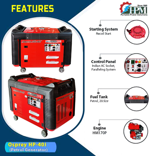 4 KVA Inverter Generator, Ultra-Light Weight, Recoil Start Petrol Run, Model Osprey HP-40i