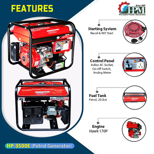 3 KVA Portable Generator, Petrol Run, Recoil & Self Start, Model HP-3500E